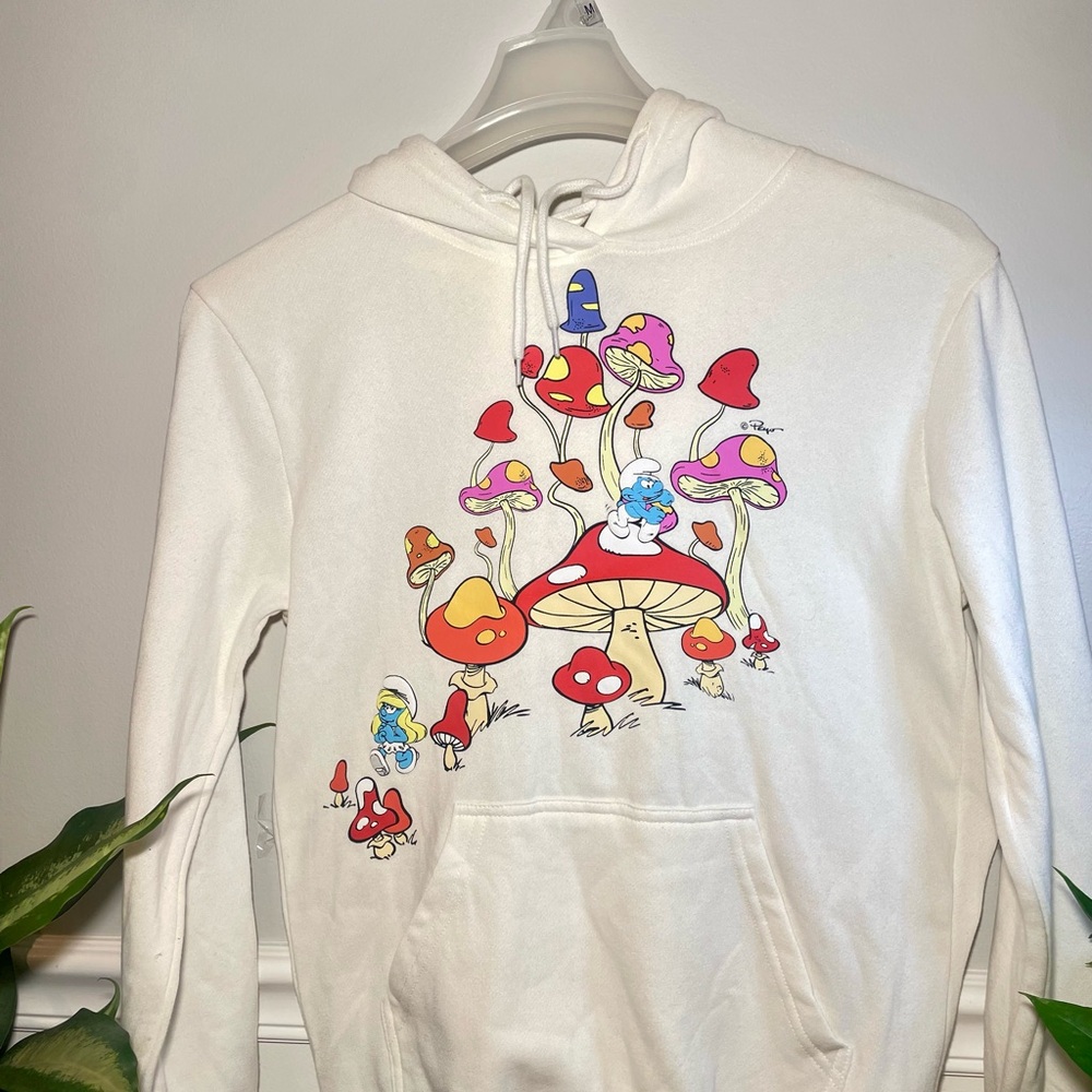Peyo The Smurfs Mushrooms 65th Anniversary 2023 Ivory Hoodie Sweatshirt Size XS